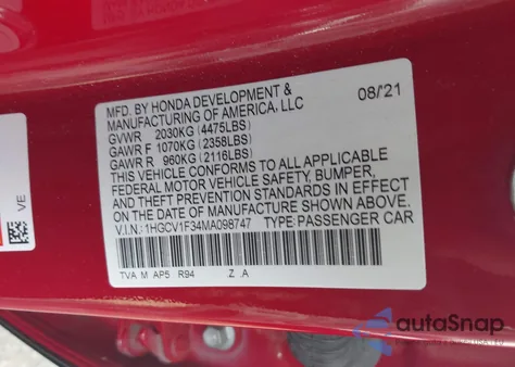 2021 Honda Accord Sport z USA, uszkodzony, nr VIN 1HGCV1F34MA098747